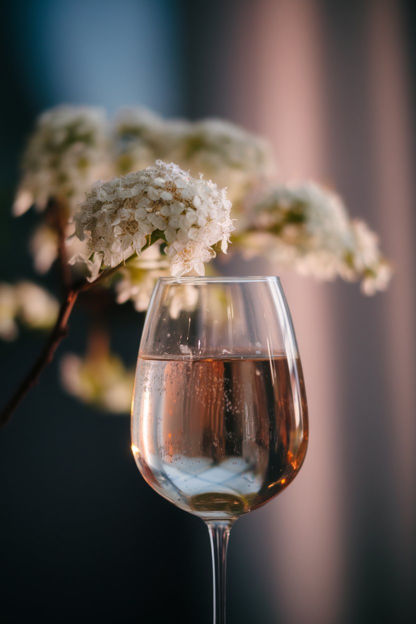 Photo of a stemless wine glass indoors with light amber spritz, elderflower blooming branch blurred behind, soft evening light, no text or logos