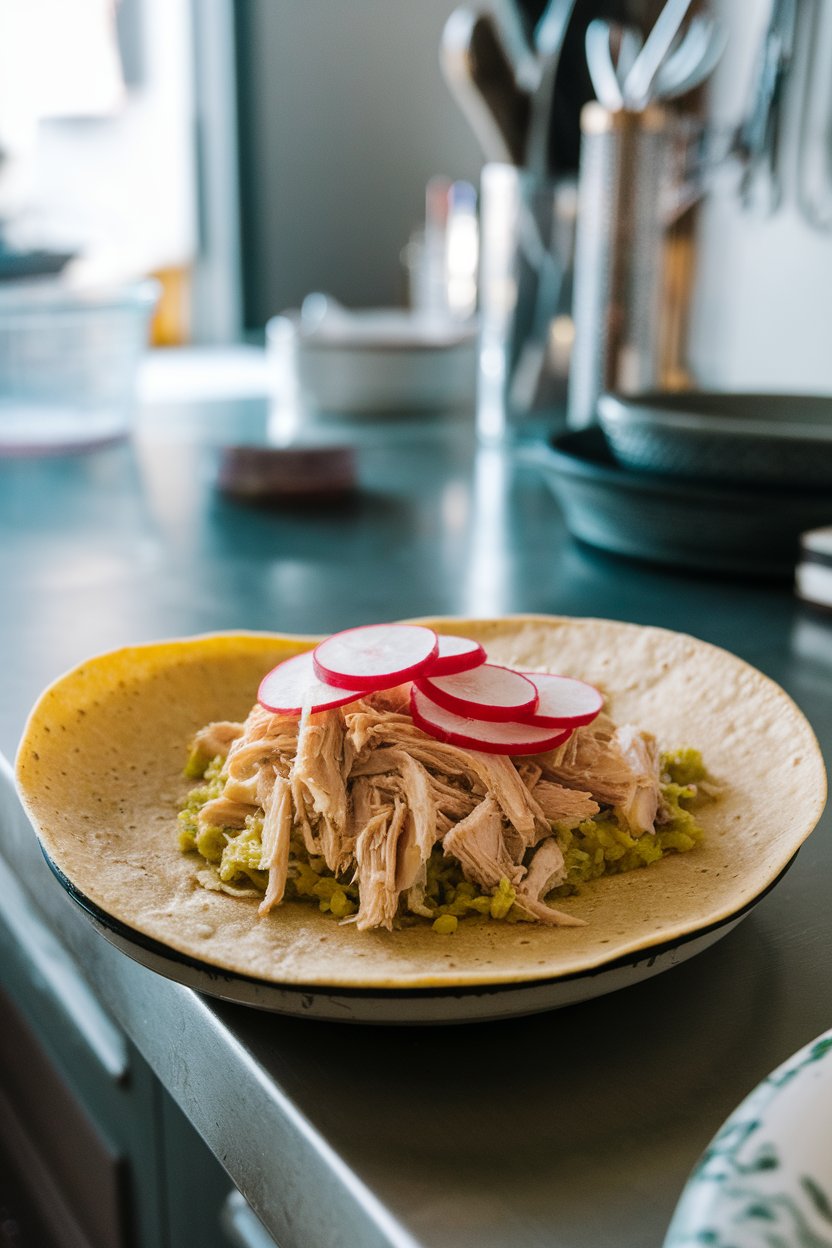 An indoor counter showcasing a corn tortilla filled with shredded salsa verde chicken, radish slices on top; photo only, no text or logos.