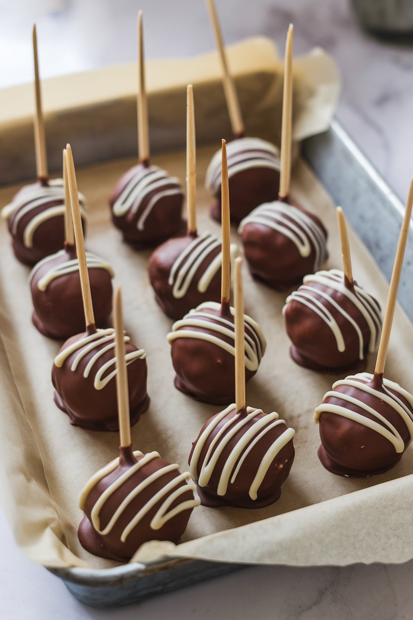 An indoor tray lined with peanut butter ball pops coated in chocolate, set on sticks with white chocolate laces. No text or logos; photo, not illustration.
