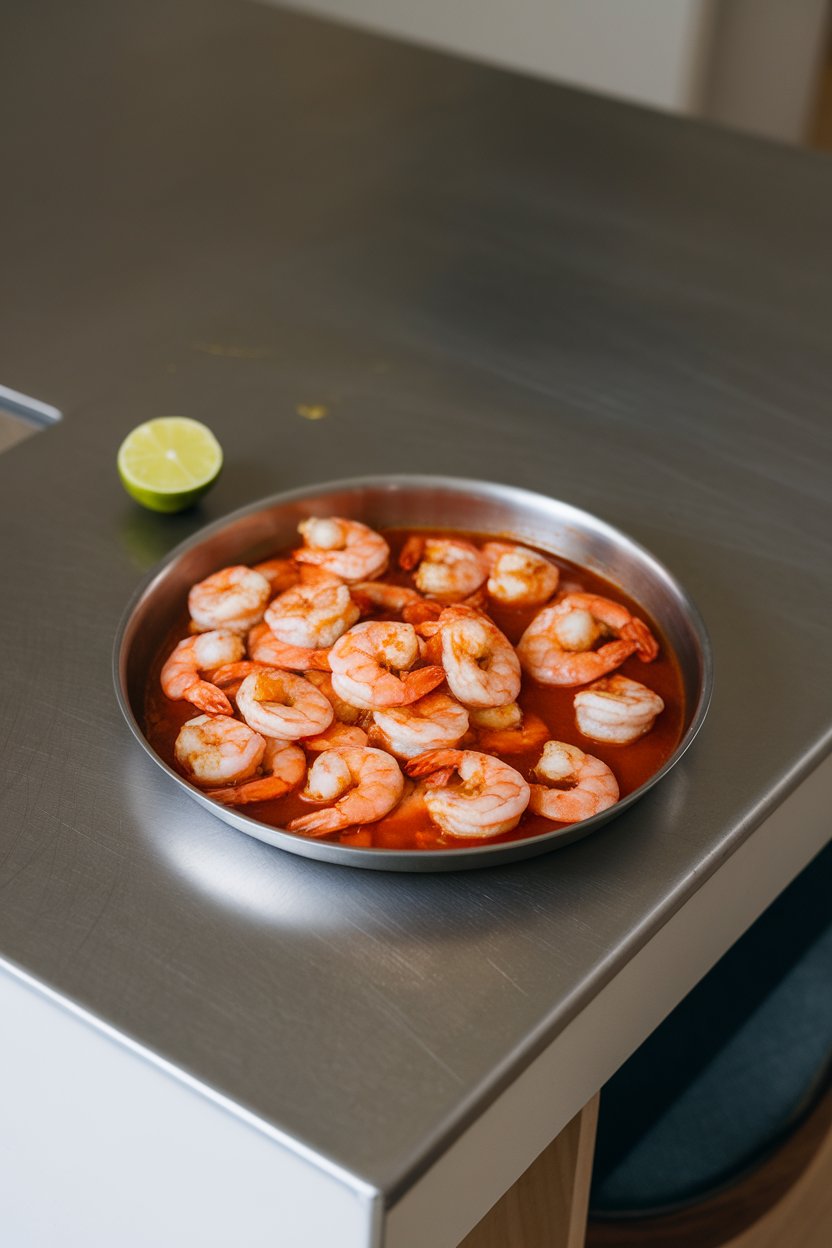 Indoor kitchen island showing a shallow dish of cooked shrimp coated in a glossy sweet chili sauce, lime wedge at side; no text or logos; photo.