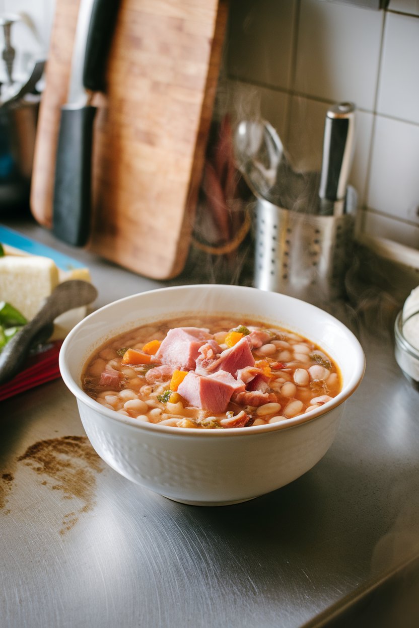 An indoor kitchen counter with a bowl of navy bean soup featuring ham chunks and vegetables, steam visible. No logos or text. Photo.