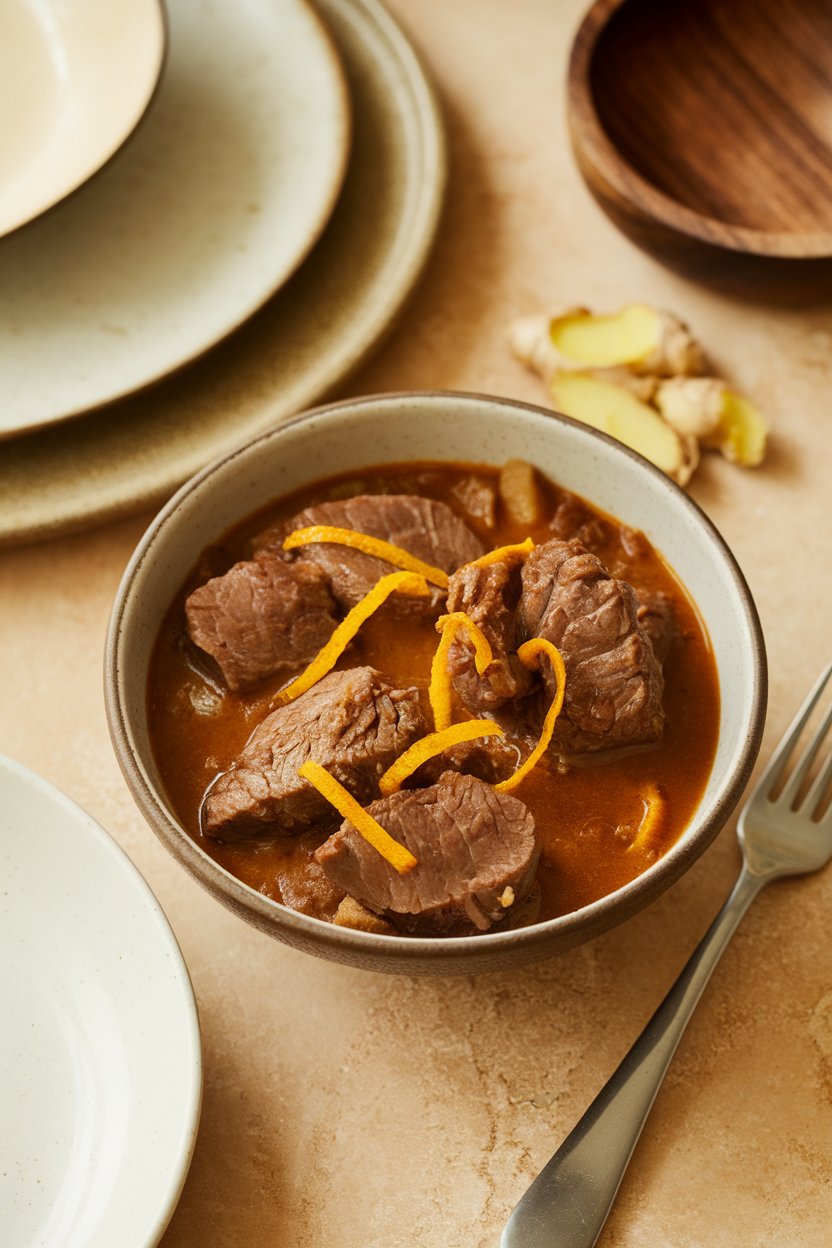 Indoor dining setup with a bowl of beef stew accented by visible orange zest strips and ginger slivers. No text or logos. Photo.