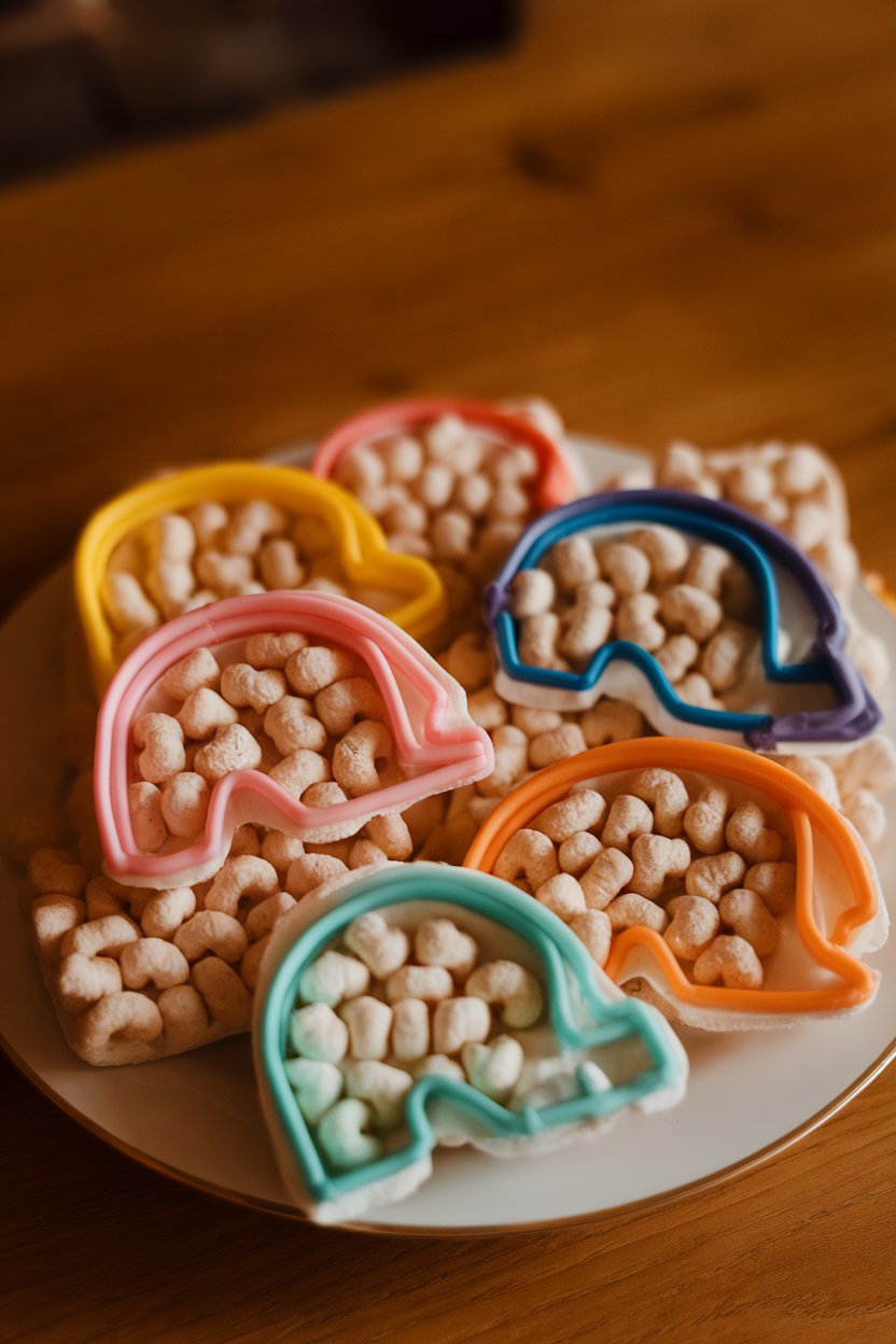 Warm indoor photo of marshmallow cereal treats pressed into helmet cookie cutters, some coated in colored candy melts. No text or logos.