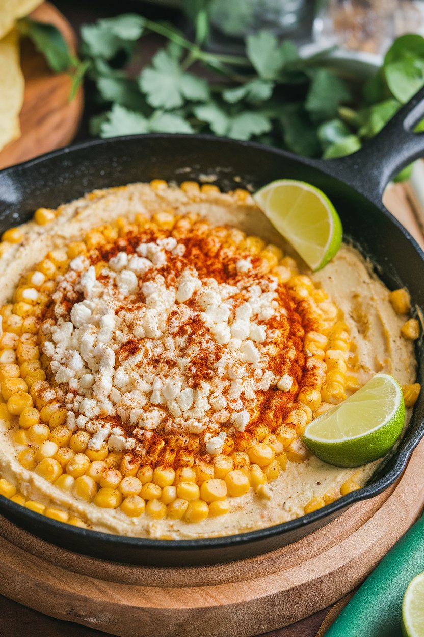 An indoor skillet of creamy corn dip topped with cotija cheese and chili powder, lime wedges on the side. No logos or text.