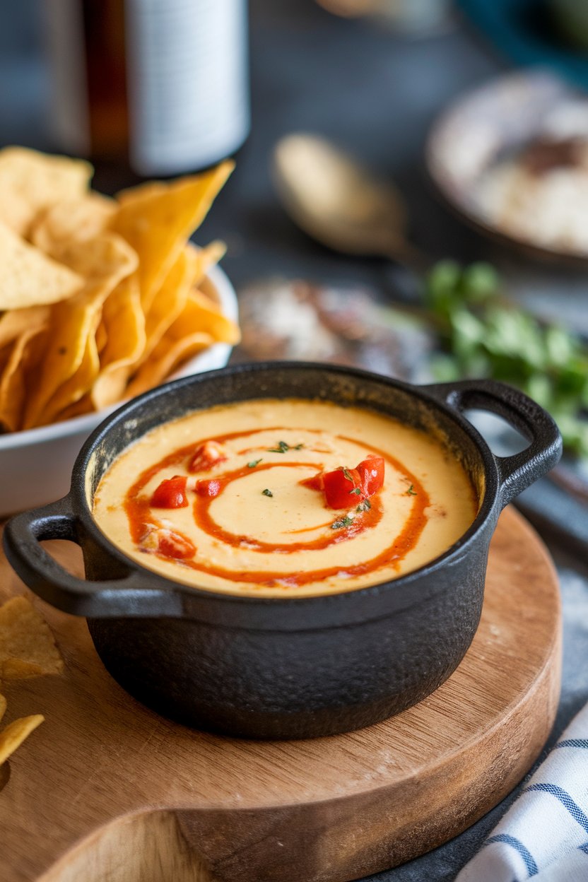 A close-up indoor shot of a small cast-iron pot filled with creamy queso, swirls of diced tomatoes and chilies visible, accompanied by a bowl of tortilla chips. No text or logos. Photo, not illustration.
