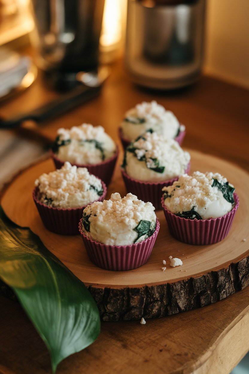 A warmly lit indoor tabletop featuring silicone muffin cups filled with fluffy white egg bites dotted with spinach and crumbled feta, no text or logos.