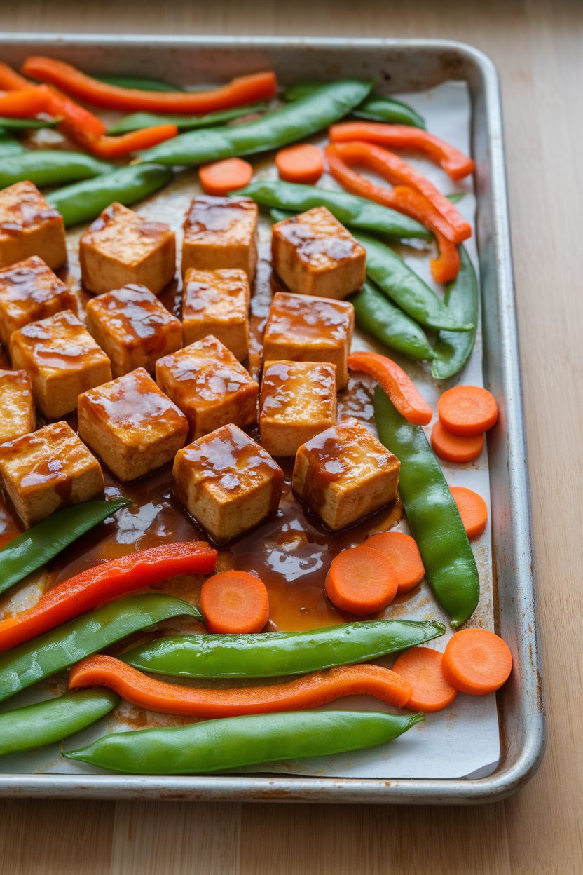 Indoor photo of golden tofu cubes glazed with teriyaki sauce, surrounded by bell pepper strips, snap peas, and carrot coins on a sheet pan; no text or logos