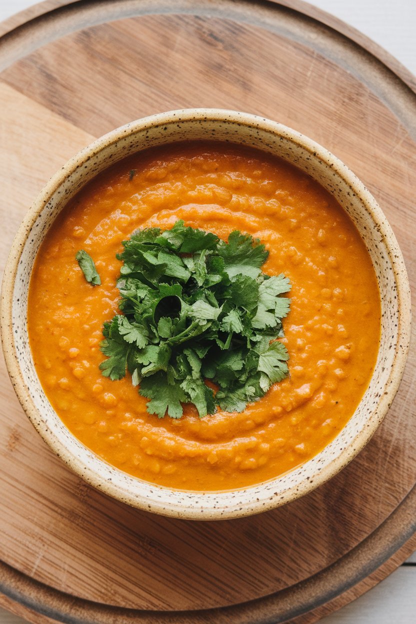 Indoor photo of bright orange coconut lentil soup topped with chopped cilantro in a speckled bowl. No text or logos. Photo.