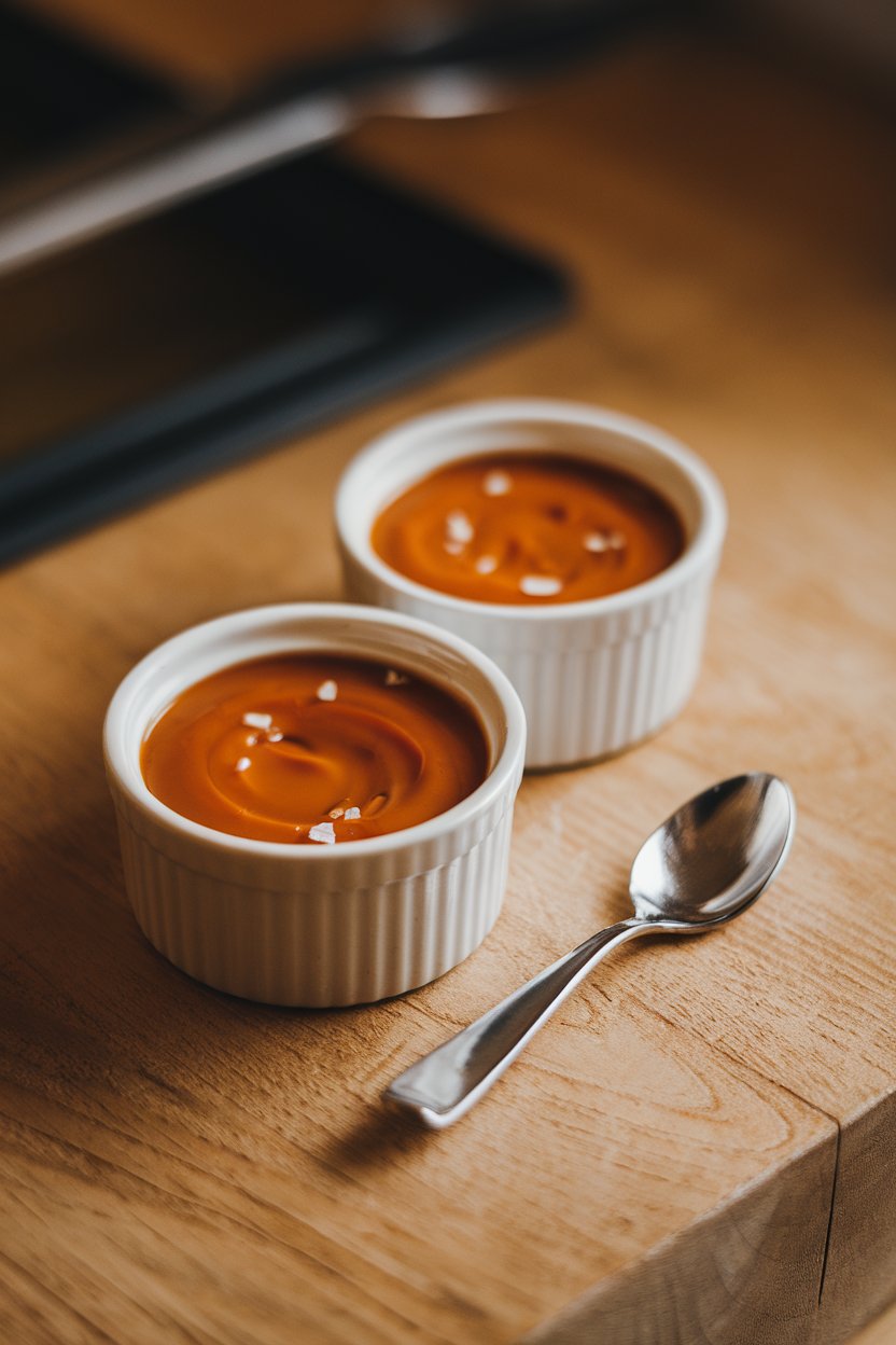 Photo of two small ramekins filled with silky salted caramel custard, tiny silver spoons beside, warm indoor lighting. No text or logos on ramekins.