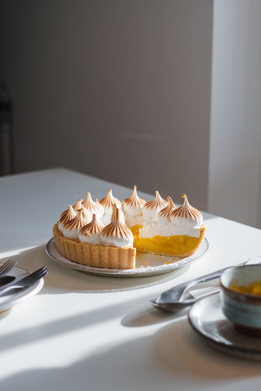 A brightly lit indoor kitchen table with a pie topped in toasted meringue peaks, a slice revealing yellow passionfruit curd. Photo, no text or logos.