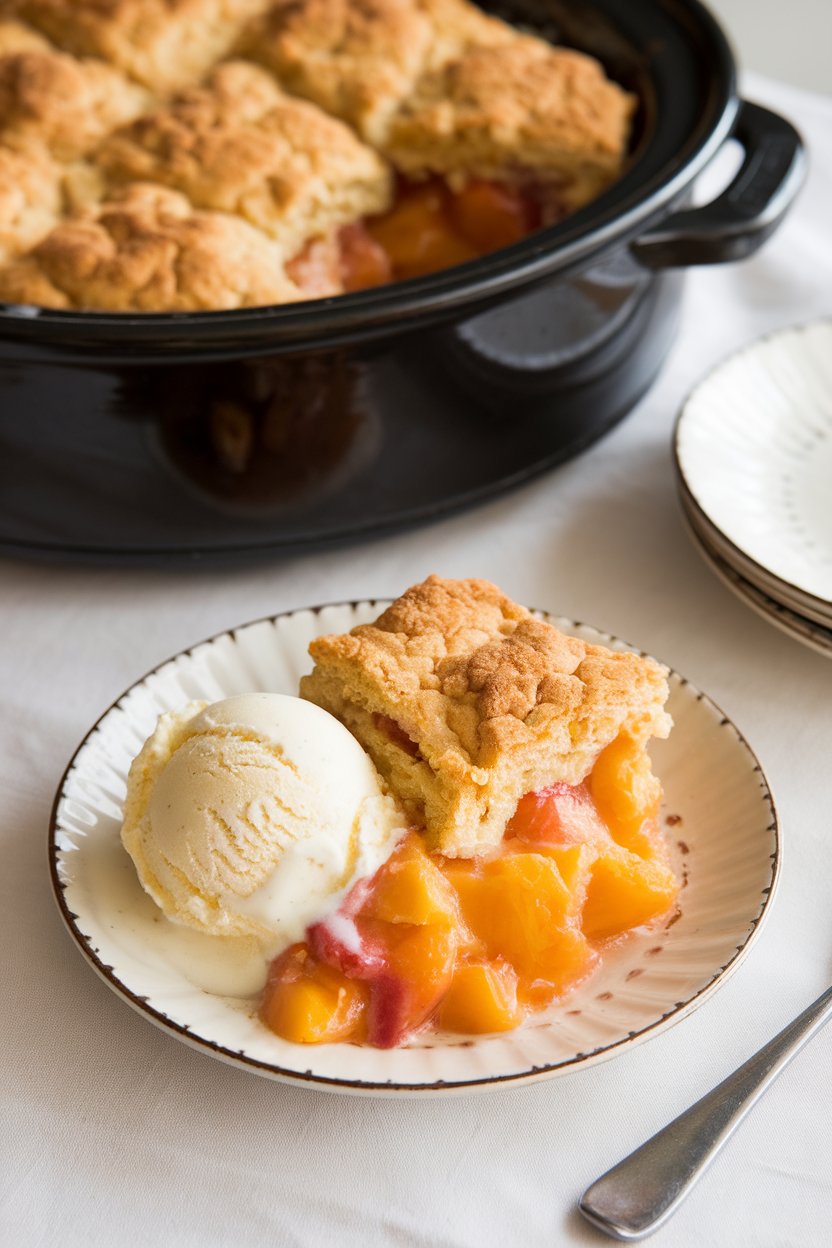 An indoor dessert table featuring a slow-cooker peach cobbler with golden biscuit topping, a scoop of vanilla ice cream melting beside it. No text or logos. Photo.