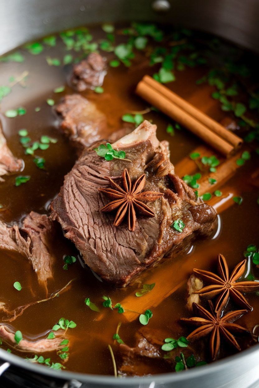 Indoor photo of short ribs in aromatic broth with star anise, cinnamon sticks, and fresh herbs; no text or logos