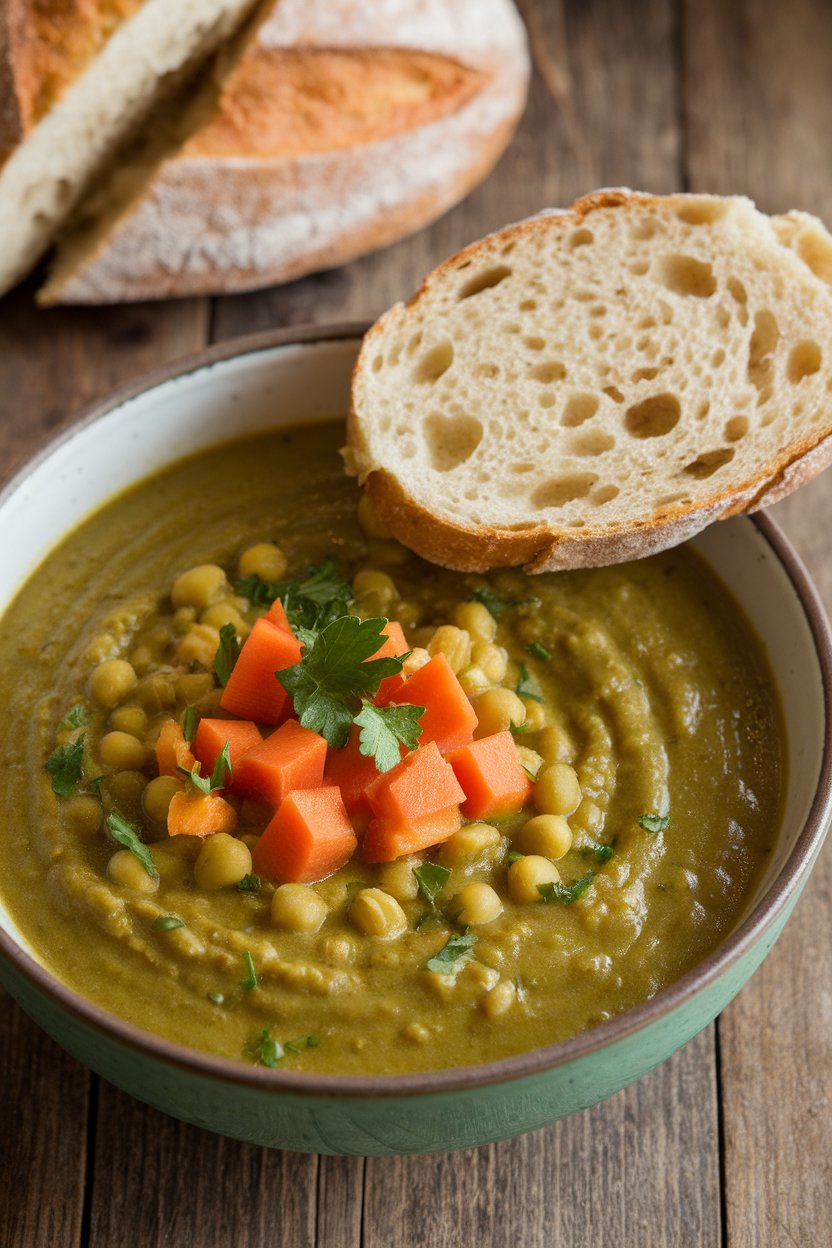 Indoor bowl of thick green split pea soup topped with diced carrots and parsley. No text or logos present.