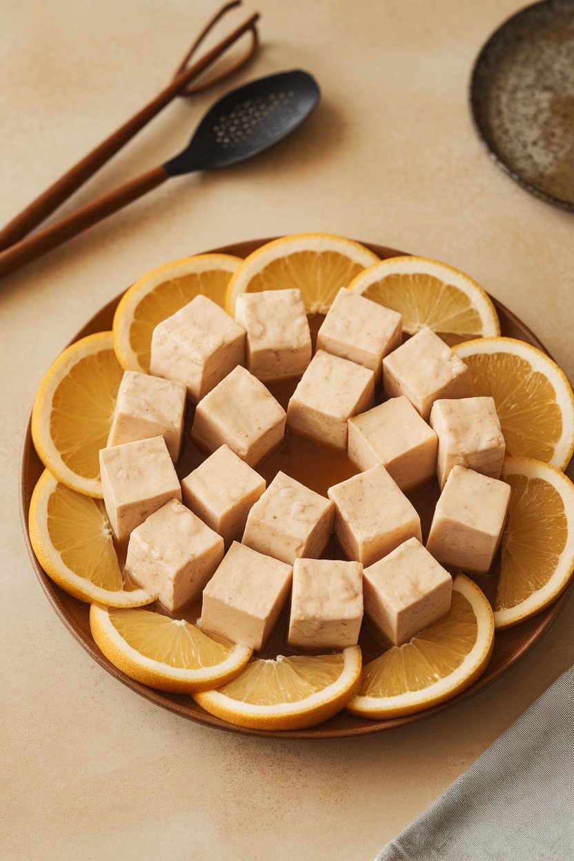 Photo prompt: Indoor serving plate with tofu cubes marinated in light ponzu sauce, thin citrus slices as garnish. No text or logos.