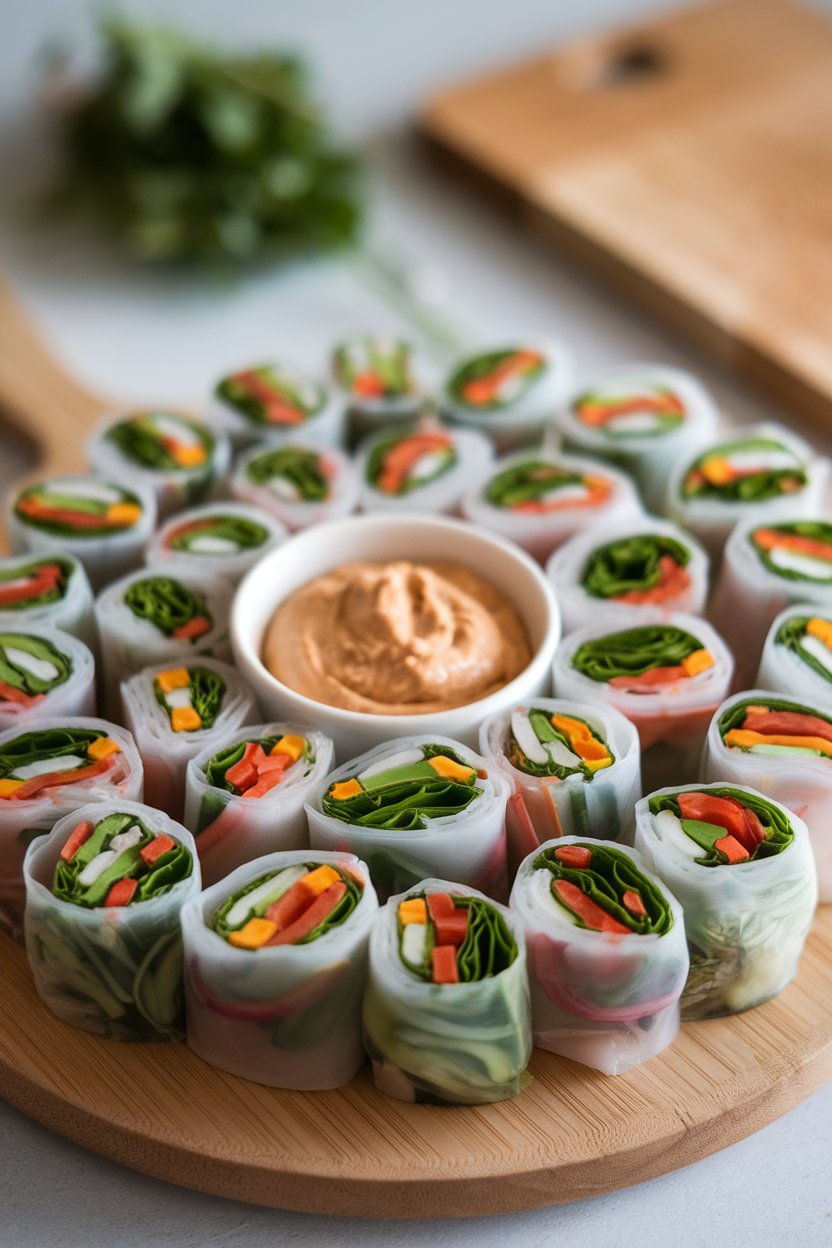 An indoor platter of translucent rice-paper rolls stuffed with colorful vegetables, a small bowl of peanut dip in the center—no text or logos. Photo, not illustration.