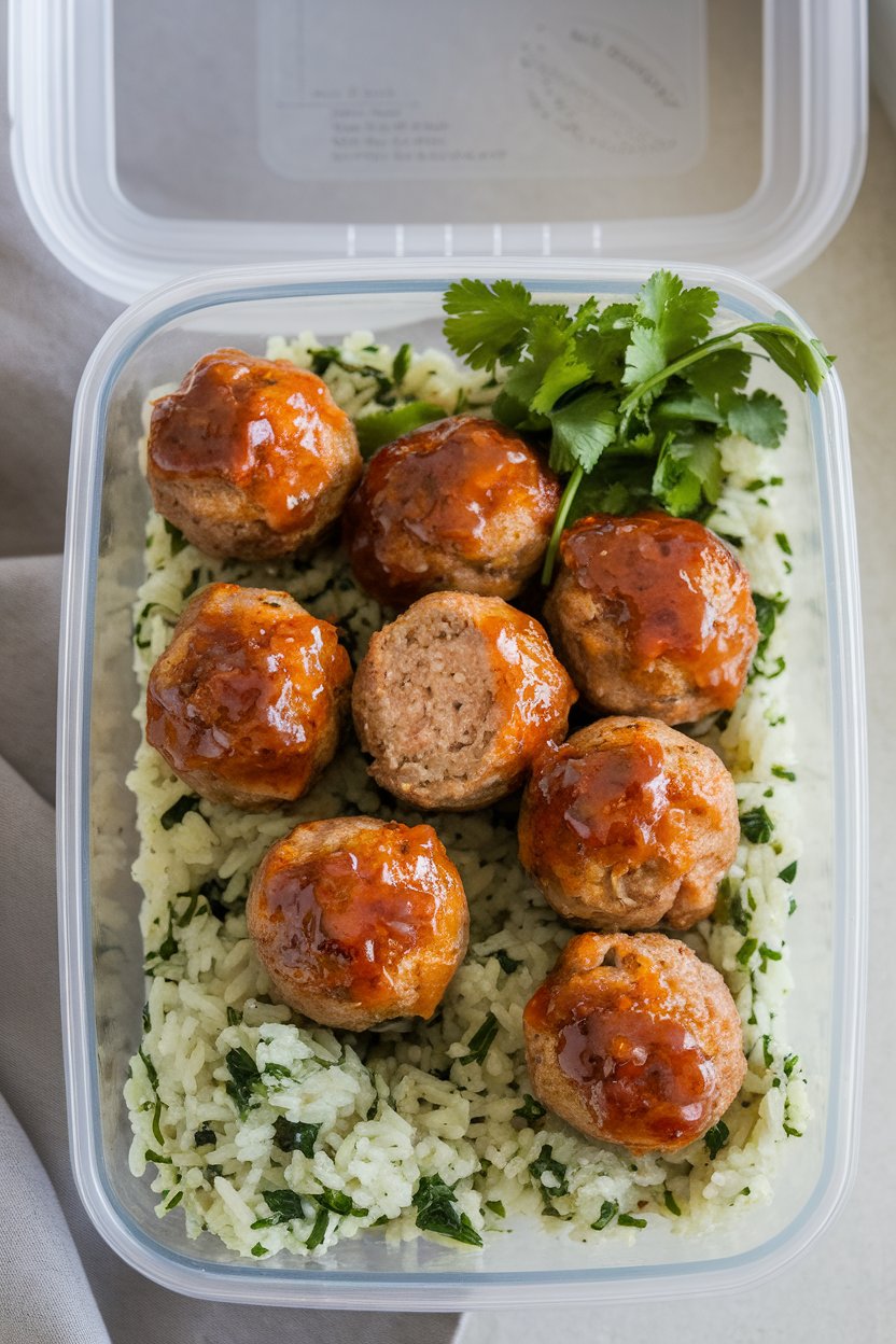 Indoor photo of glazed turkey meatballs on cilantro spinach rice inside a prep container, no logos.