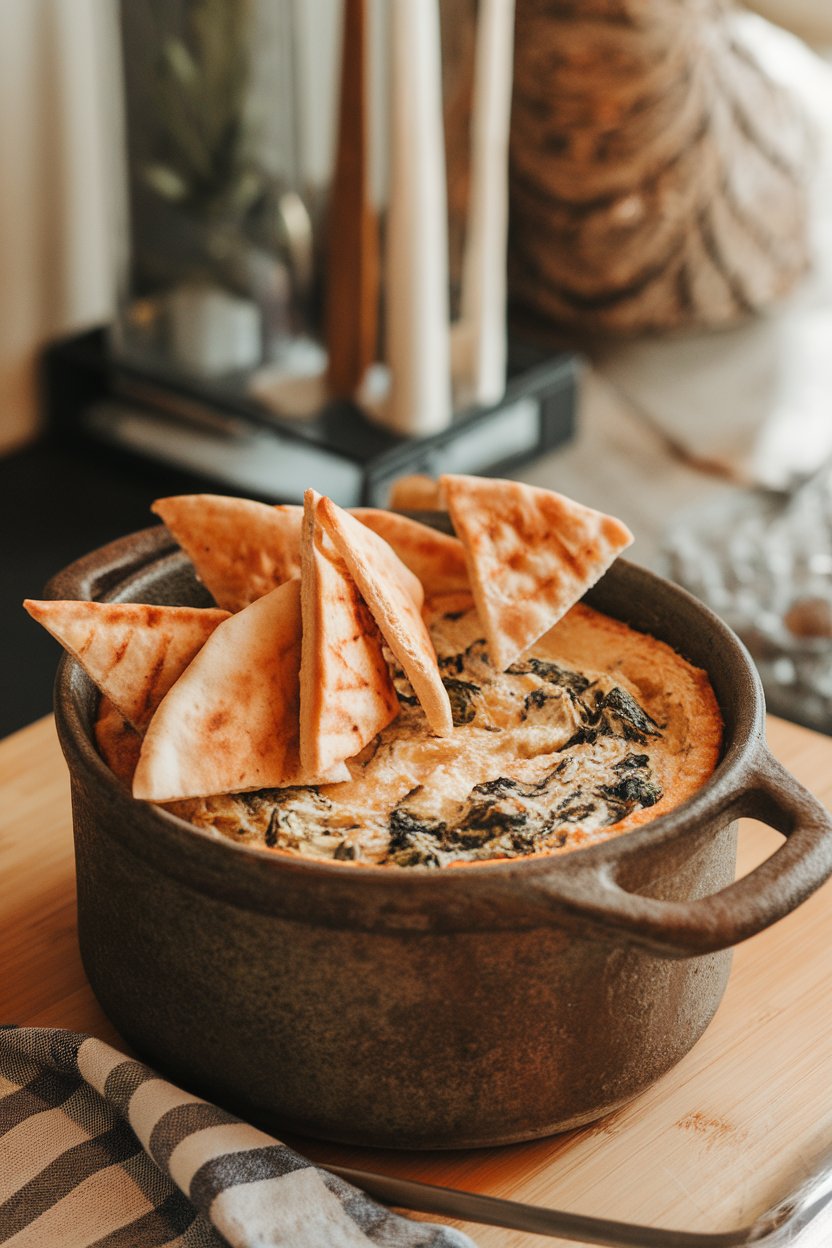Photo prompt: Indoor coffee table with a rustic crock of bubbling vegan spinach-artichoke dip, top lightly browned, surrounded by pita triangles. No logos or text visible. Photo, not illustration.
