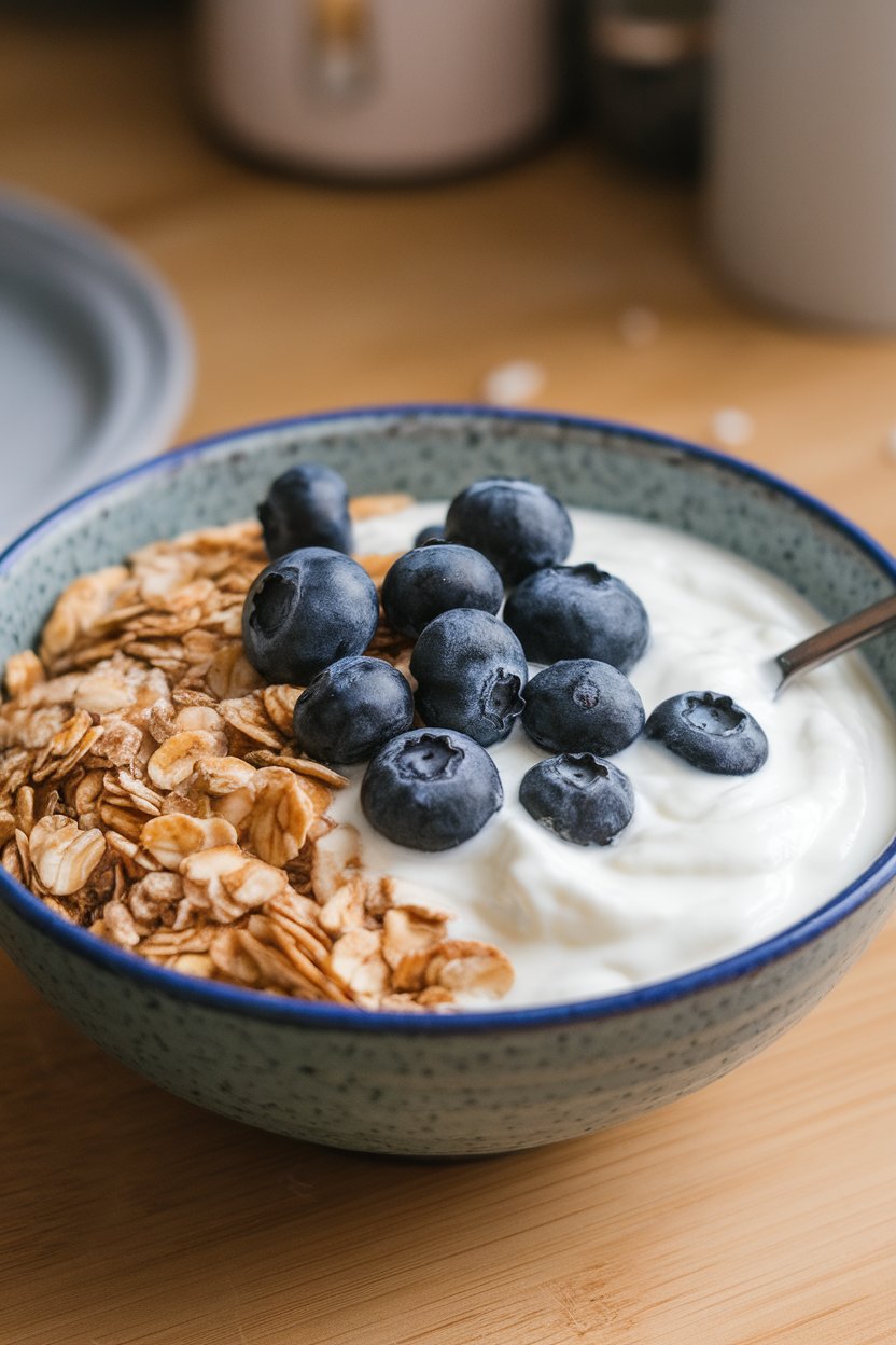 An indoor breakfast bowl of dry muesli mixed with spoonfuls of thick Icelandic skyr, blueberries sprinkled on top. No text or logos. Photo, not illustration.