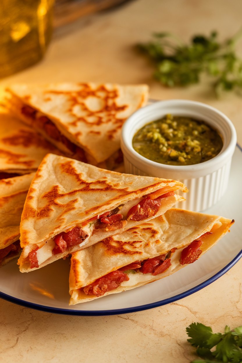 Indoor photo of triangular chorizo and cheese quesadilla wedges stacked on a plate, a ramekin of salsa nearby. No text or logos.