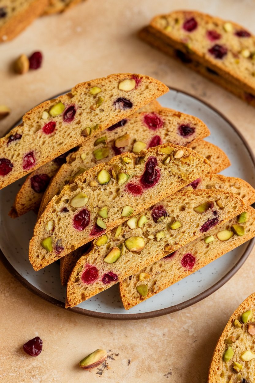 Indoor plate of thin savory biscotti studded with cranberries and pistachios, no text or logos