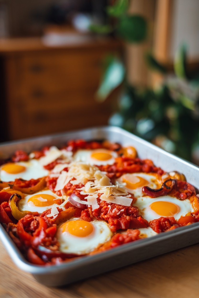 Indoor photo of a sheet pan with baked eggs nestled in a peperonata of sweet peppers, onions, and tomatoes, topped with grated Parmesan. No text or logos.