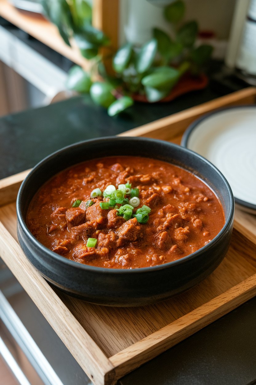 An indoor counter with a deep bowl of beer-braised brisket chili, chunks of beef visible beneath a sprinkle of green onion. No text or logos in view.