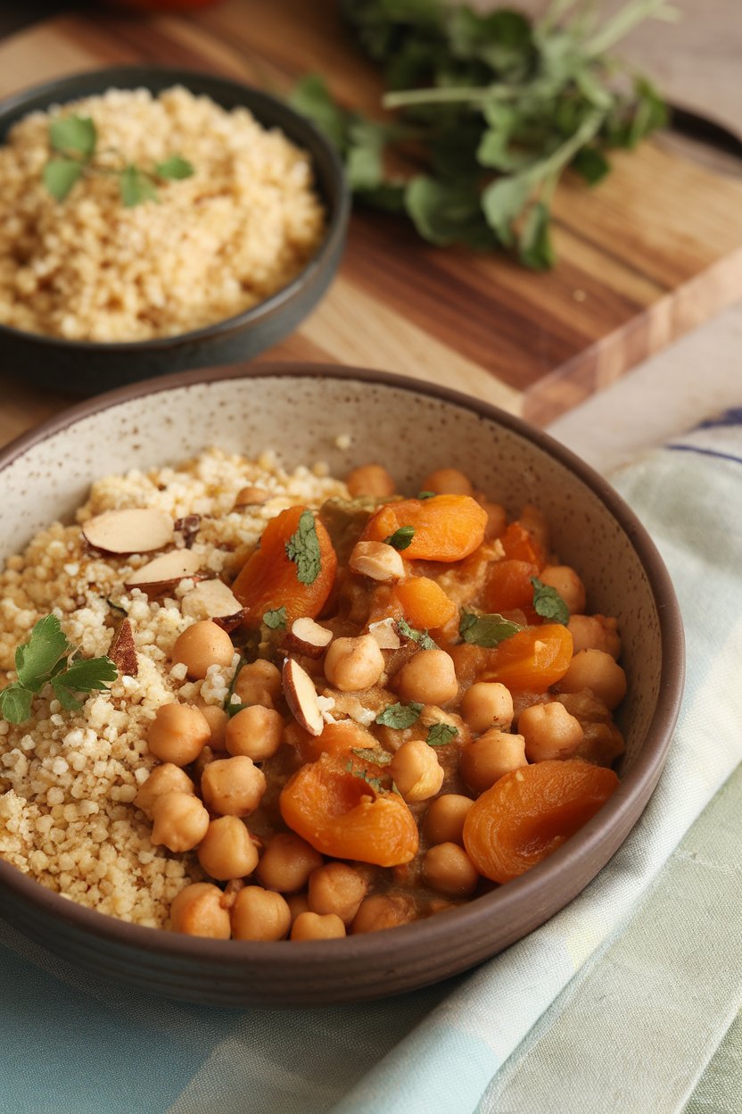 An indoor supper scene with a bowl of warmly spiced chickpea stew dotted with apricots and almonds, couscous served on the side. No text or logos. Photo, not illustration.