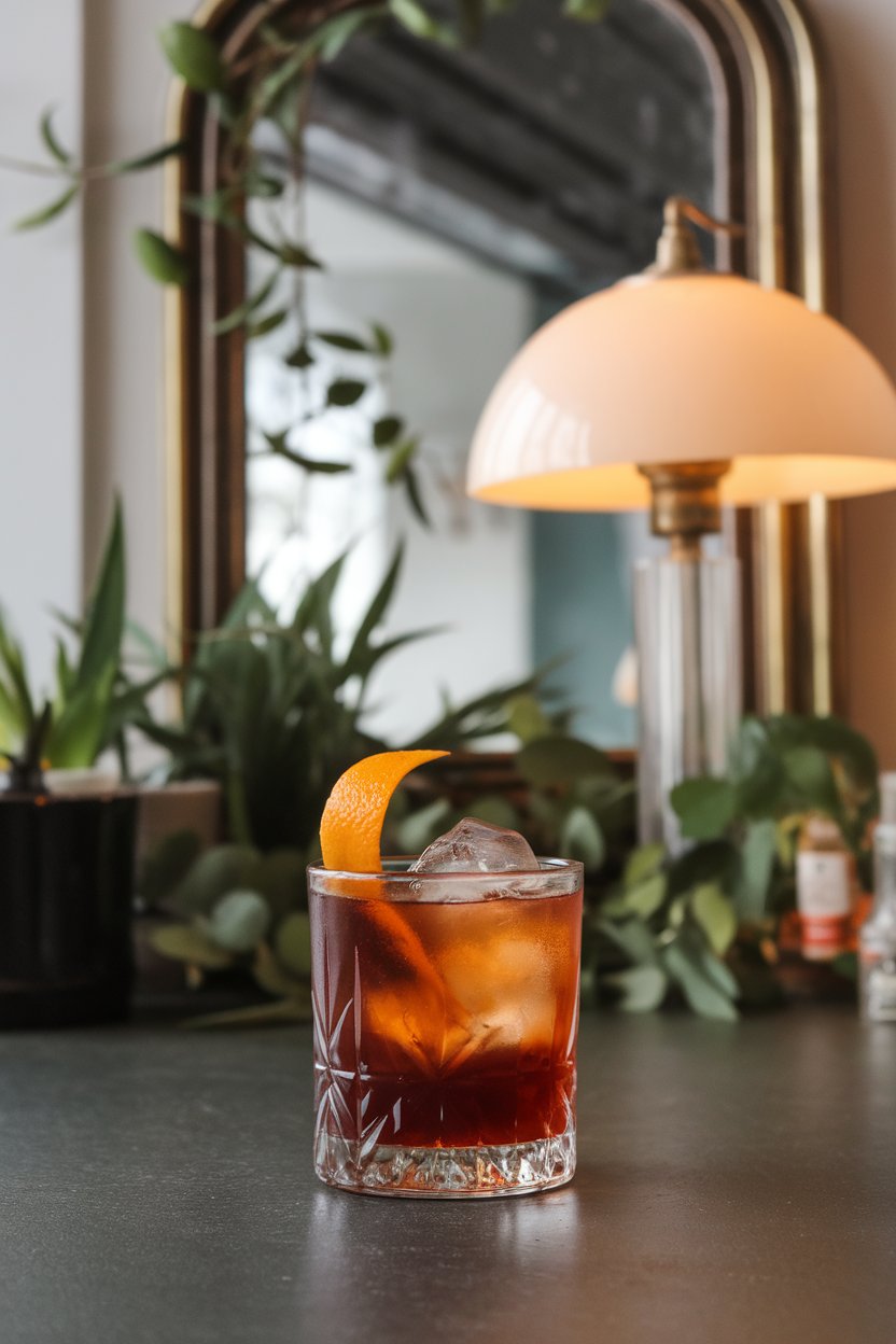 A chic indoor bar scene showing a rocks glass of deep amber Boulevardier, large cube, expressed orange twist, no text or logos. Photo only.