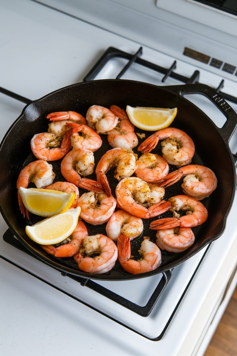 An indoor stovetop scene with a cast-iron skillet of sizzling Cajun-seasoned cooked shrimp garnished with lemon wedges. No text or logos. Photo, not illustration.
