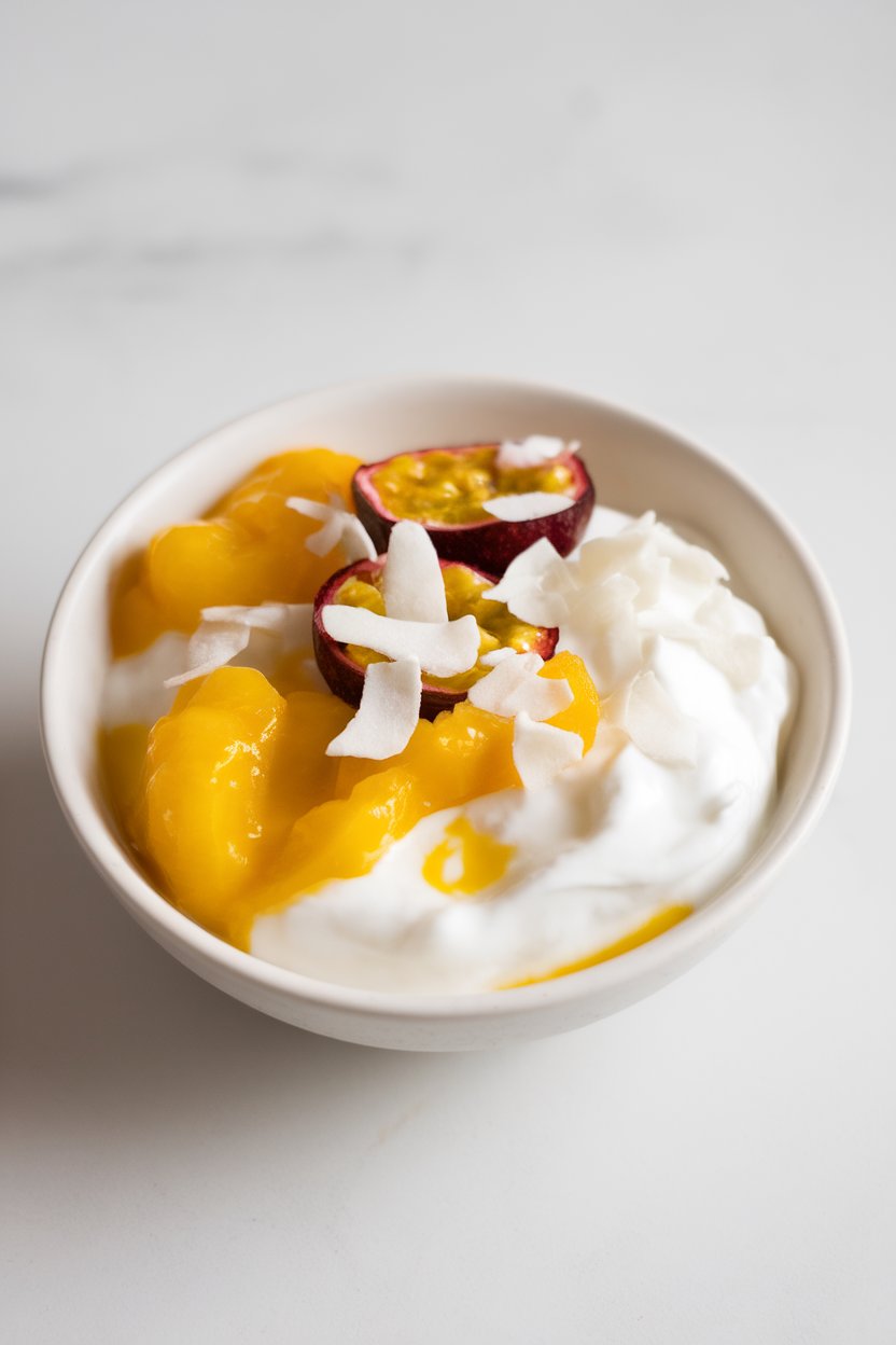 Indoor photo of Greek yogurt in a small bowl topped with bright yellow passion fruit pulp and coconut flakes, no text or logos visible