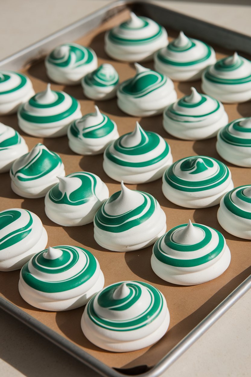 A baking sheet indoors lined with glossy white meringue cookies streaked with vivid green swirls, photographed at close range. No text or logos.