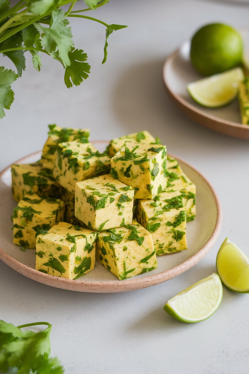 Photo prompt: Indoor plate with bright green-flecked cilantro-lime tofu cubes, lime wedges nearby. No text or logos.