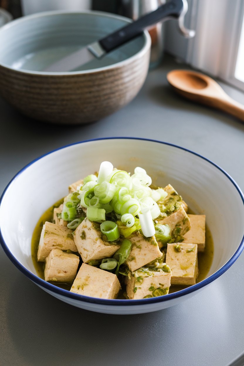Photo prompt: Indoor countertop with tofu cubes tossed in green garlic-scallion marinade, scallion ribbons on top. No text or logos.