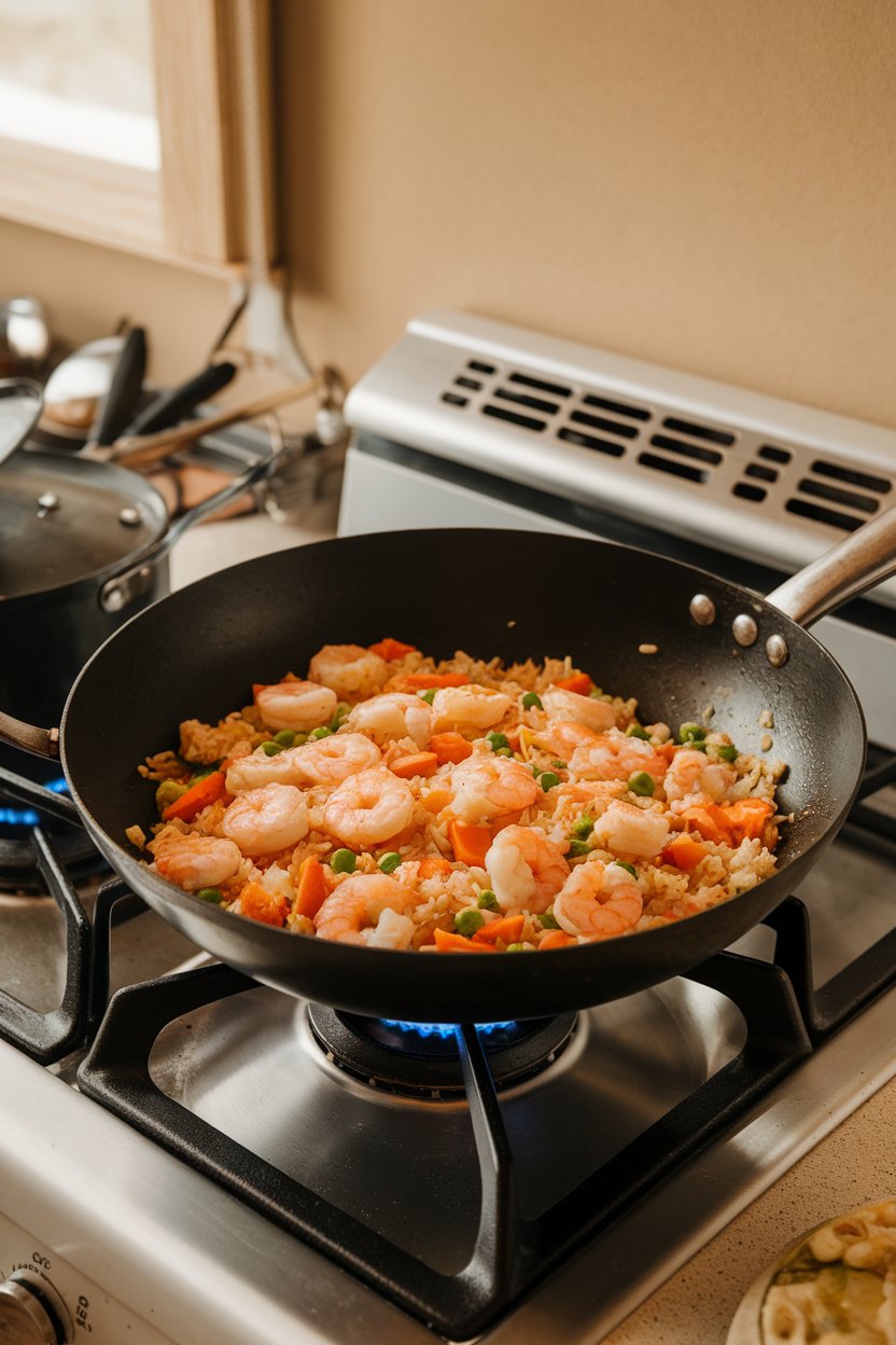 Indoor stovetop scene with a wok of cooked shrimp fried rice, peas, carrots, and scrambled egg. No text or logos.