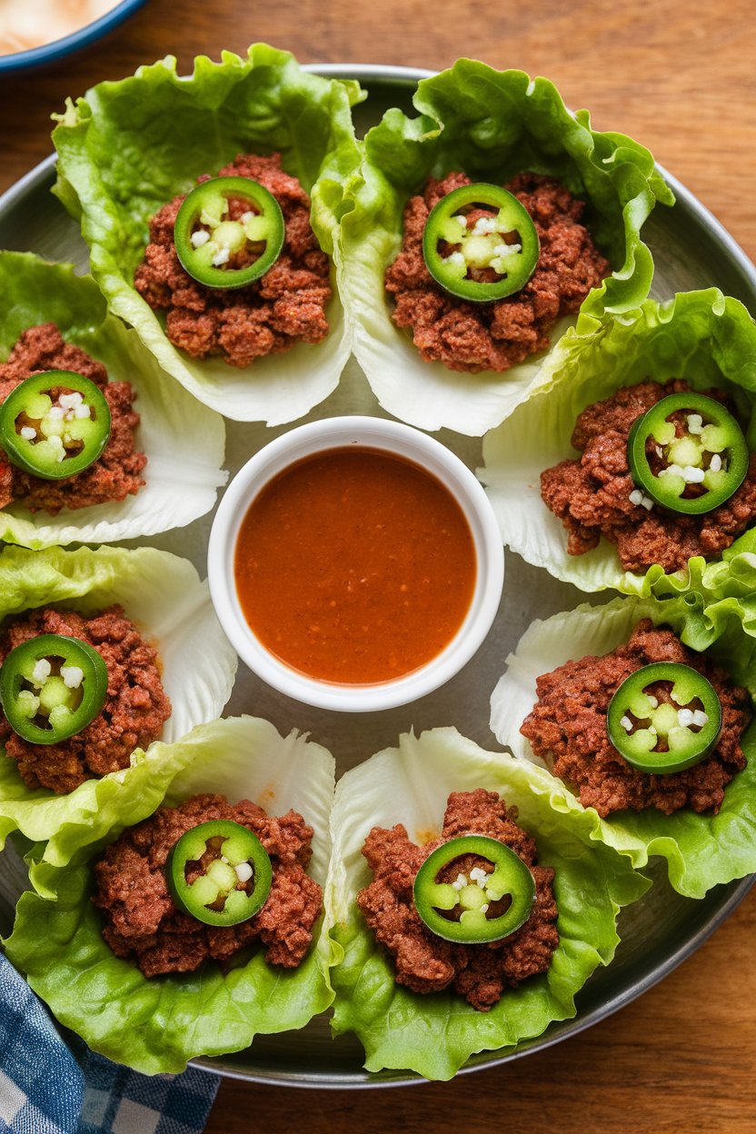 An indoor serving tray with butter lettuce cups filled with chili-seasoned ground beef, topped with diced jalapeño; no logos or text.