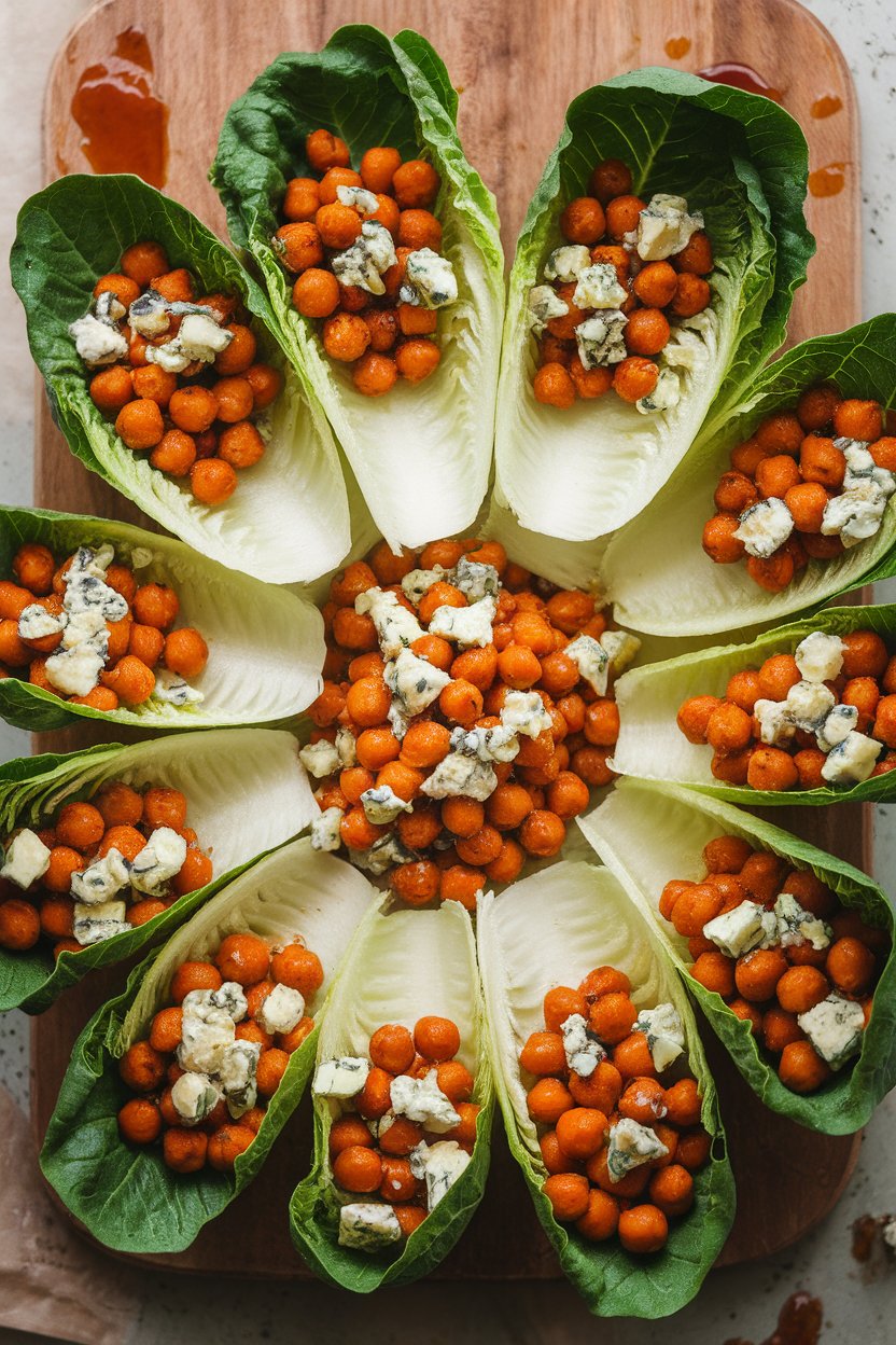 Indoor photo of romaine leaves filled with saucy buffalo chickpeas and crumbled blue cheese, arranged on a tray. No text or logos.