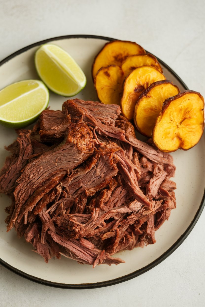 Indoor plate with shredded jerk beef, plantain slices on the side, lime wedge. No logos or text.