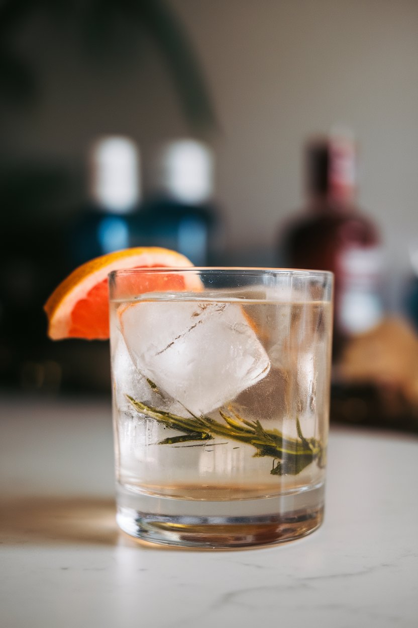 Indoor setting featuring a chilled rocks glass filled with clear botanical spirit, tonic water, large ice cubes, and a grapefruit twist. No text or logos. Photo only.
