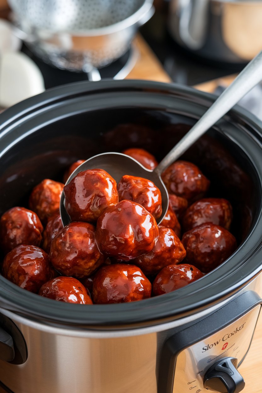 Indoor photo of a slow cooker insert filled with glossy barbecue meatballs, a ladle resting inside. No text or logos visible.