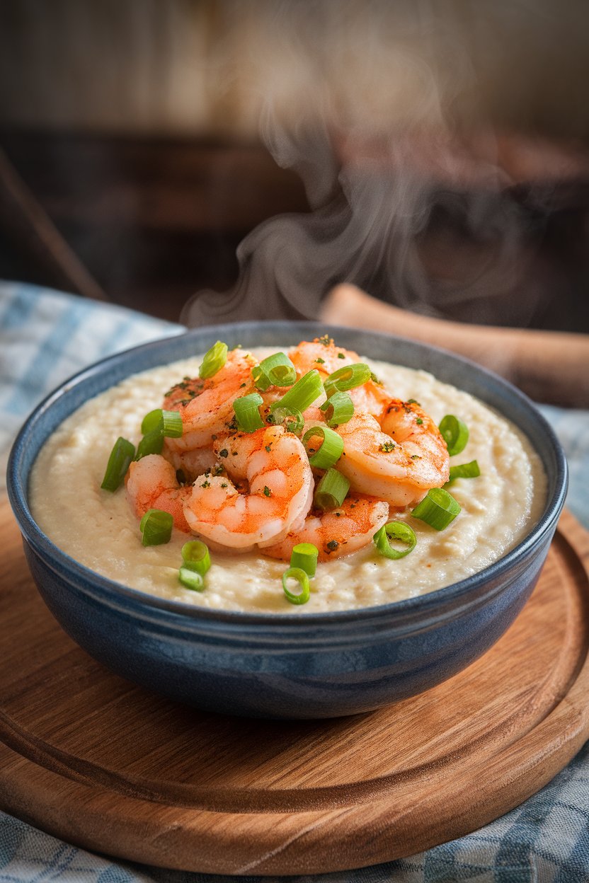 An indoor bowl of creamy cooked grits topped with sautéed seasoned shrimp and chopped scallions, steam rising. No text or logos. Photo, not illustration.