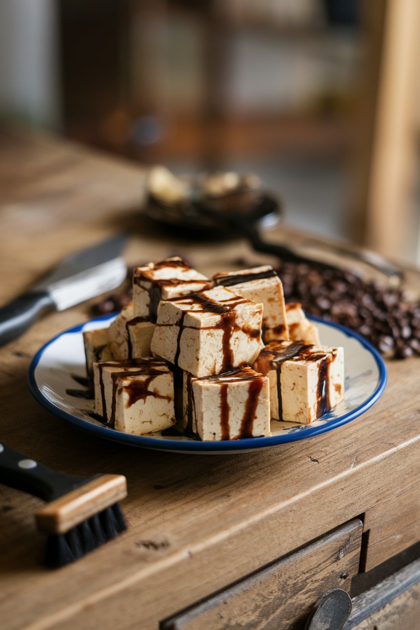 Photo prompt: Indoor countertop with tofu cubes coated in dark espresso-balsamic glaze, faint coffee beans in background. No text or logos.