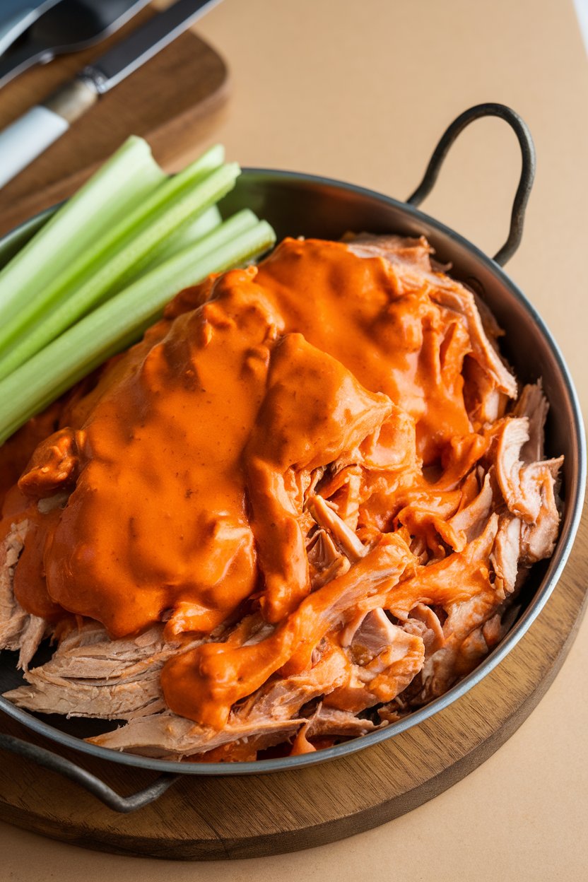 An indoor serving dish displaying shredded buffalo turkey breast coated in bright orange sauce, celery sticks alongside; photo only, no text or logos.