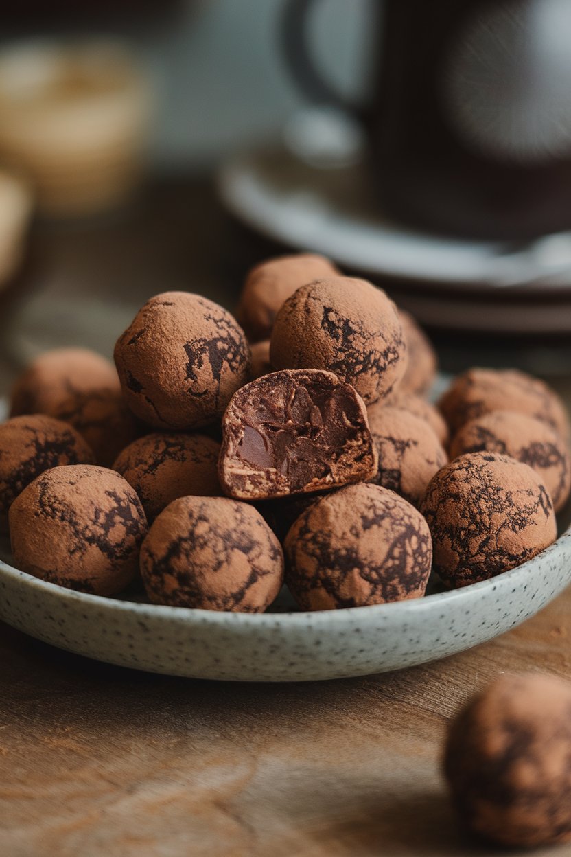 Photo prompt: Indoor plate of small cocoa-dusted vegan espresso truffles arranged neatly, some cut to show fudgy center. No logos or text. Photo, not illustration.
