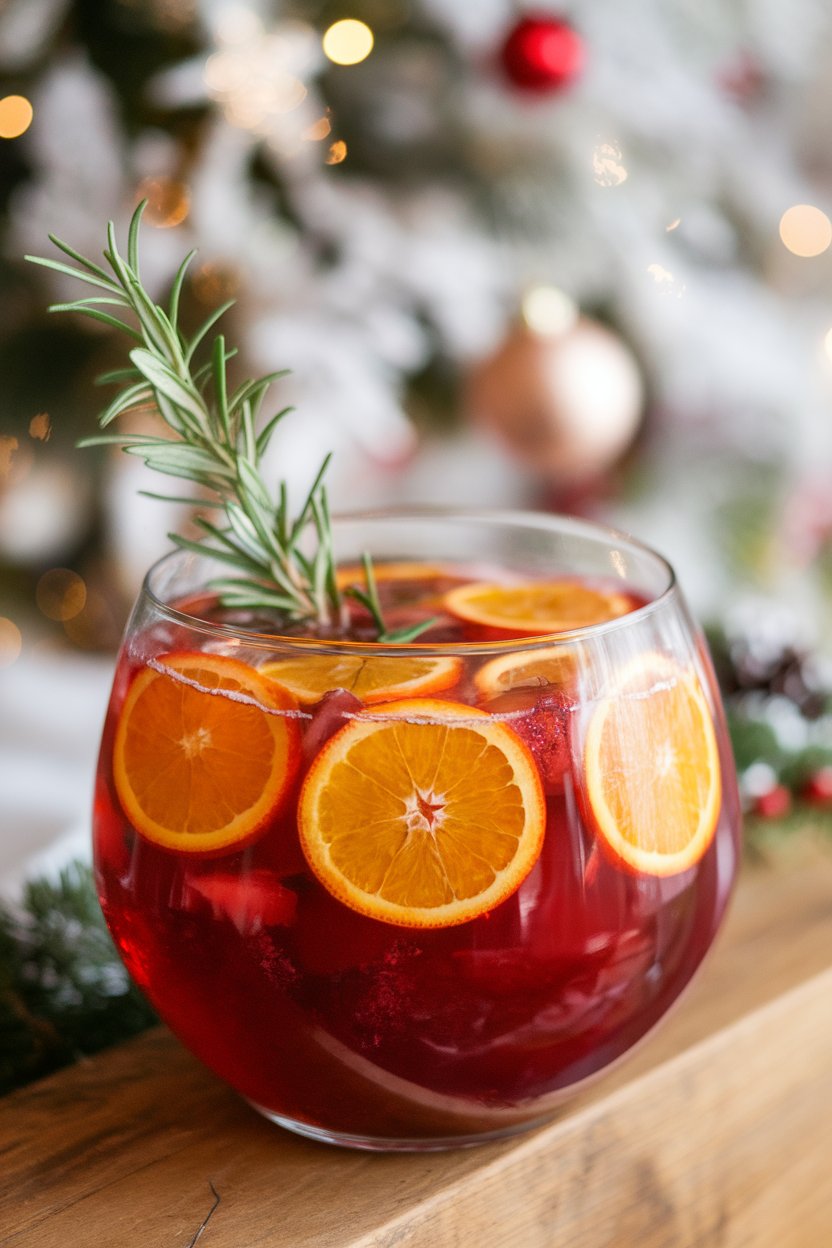Indoor holiday punch bowl of ruby cranberry gin punch with floating orange wheels and rosemary sprigs, no logos or text. Photo only.