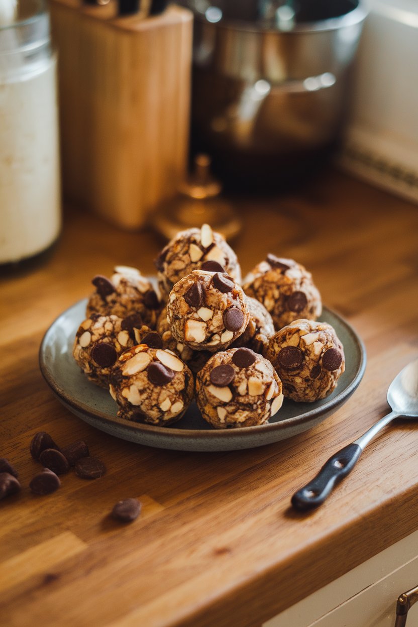 An indoor countertop scene with a small plate of round energy bites studded with dark chocolate chips and almond pieces. Warm, cozy lighting; no text or branding.