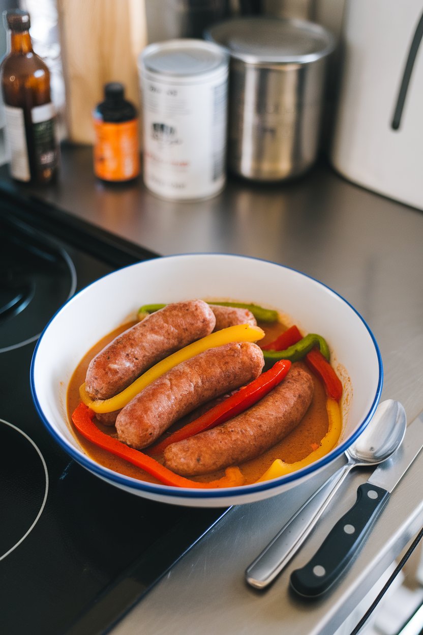 An indoor kitchen counter with a bowl of cooked Italian sausage links nestled among colorful bell pepper strips in a light tomato sauce. No text or logos present. Photo.