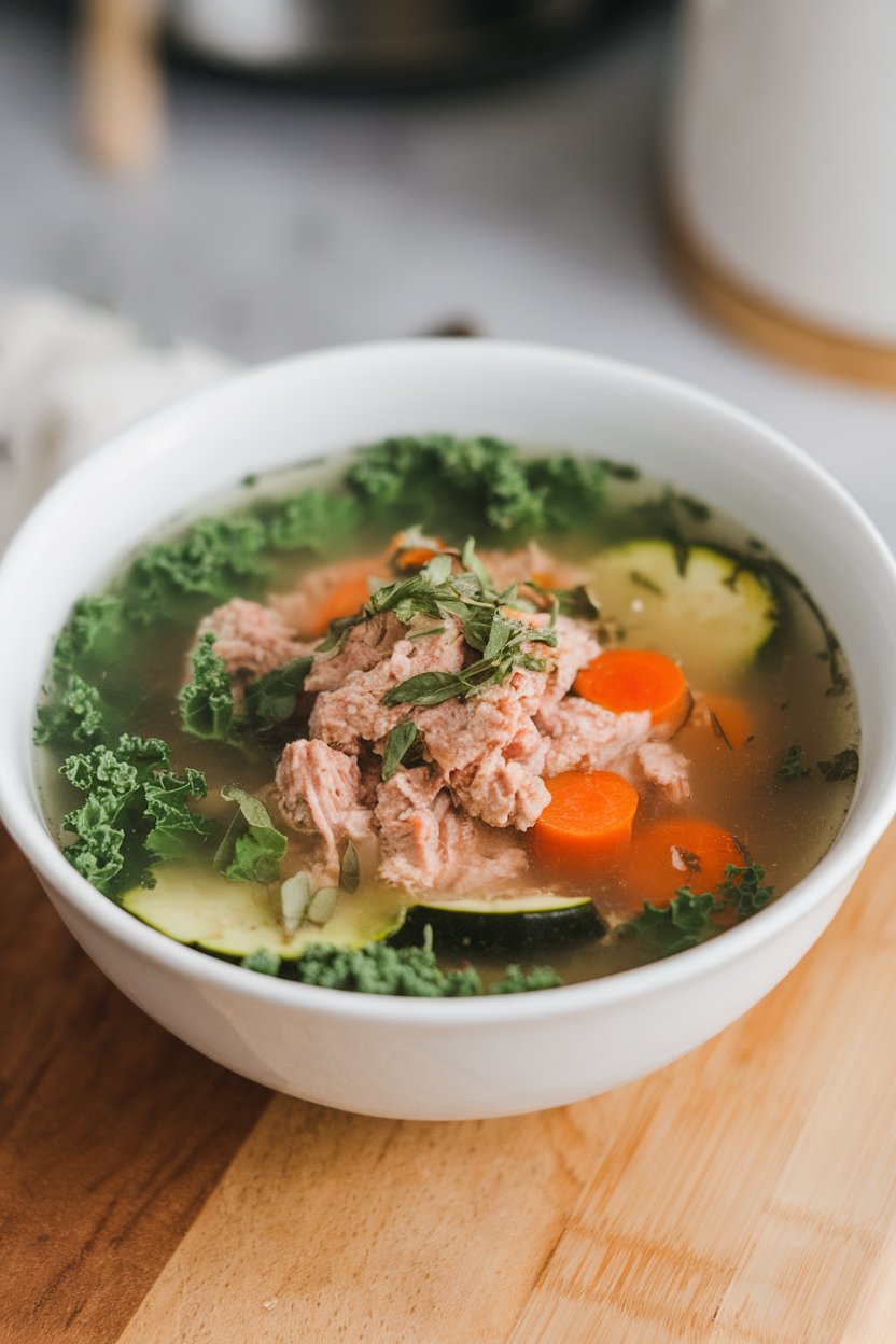 Indoor shot of a clear turkey vegetable soup—ground turkey, kale, zucchini, and carrots in a light broth. No text or logos. Photo.