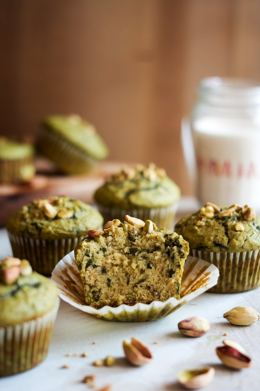 An indoor breakfast setup with green spinach pistachio muffins split open to reveal crumb, extra nuts scattered around. No text or logos.