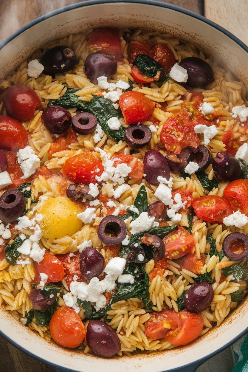 Indoor photo of orzo mixed with tomatoes, olives, spinach, and feta crumbles in a shallow casserole, steam visible. No text or branding.
