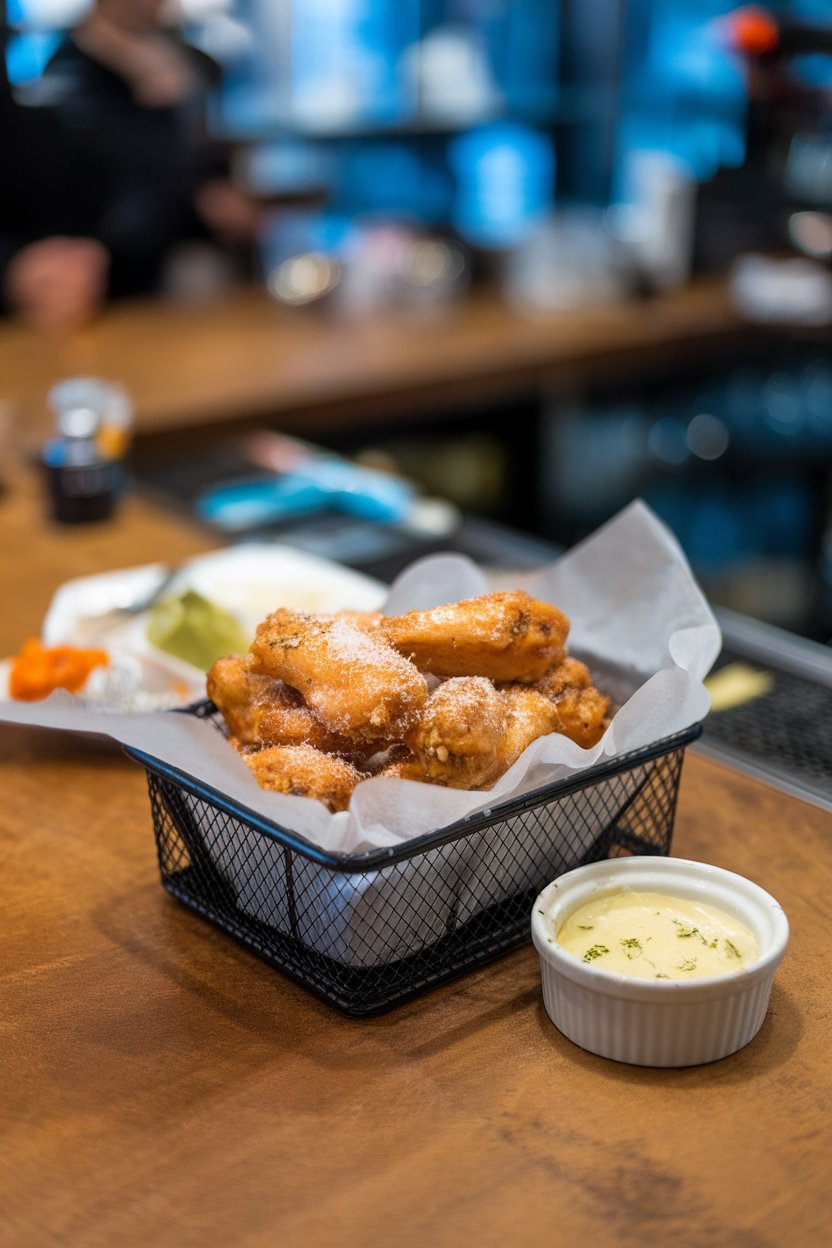 An indoor bar-style counter featuring a basket of golden baked chicken wings dusted with grated Parmesan, a ramekin of garlic butter nearby; no branding or text.